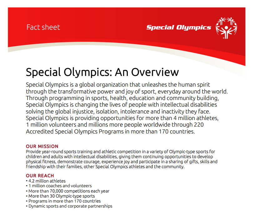 One of the many fact sheets provided by the Special Olympics in their Digital Press Kit.